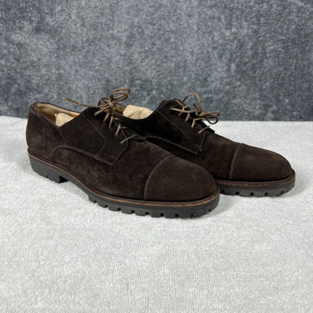 Salvatore Ferragamo Derby Shoes Mens Size 8.5 Brown Suede Cap Toe Rubber Sole